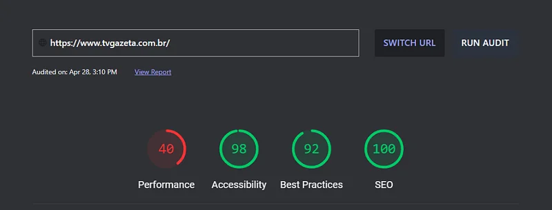 Métricas: Performance 40, Acessibilidade 98,  Melhores Práticas 92, SEO 100